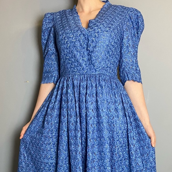 Vintage Dresses & Skirts - Vintage Cerulean Blue V-Neck, Full-Length Lace Dress
